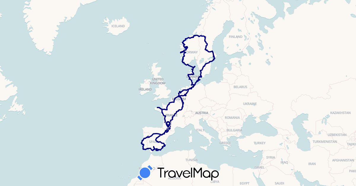 TravelMap itinerary: driving in Belgium, Germany, Denmark, Spain, France, Luxembourg, Netherlands, Norway, Portugal, Sweden (Europe)